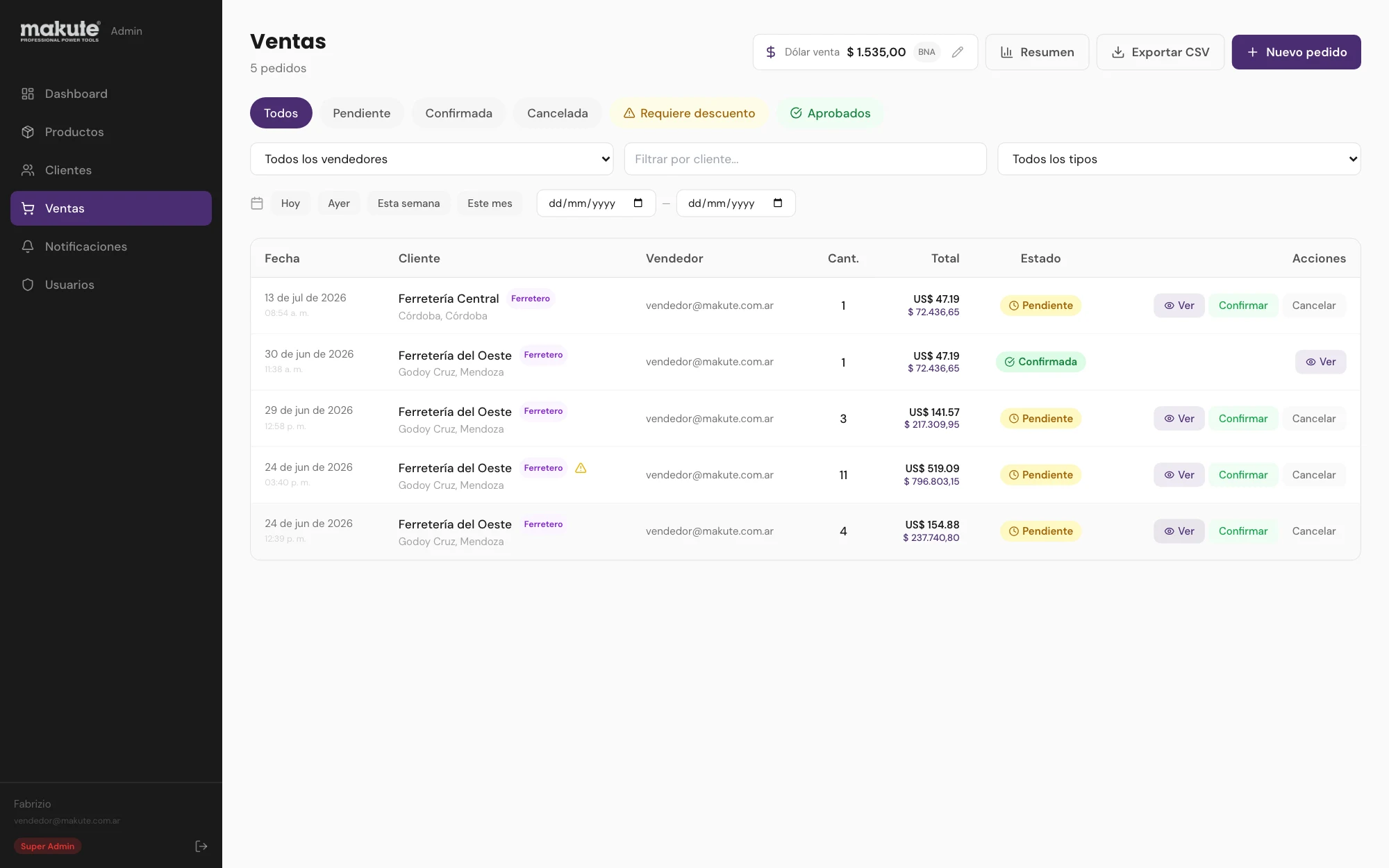 Ventas: pedidos por vendedor y estado, cotización del dólar del día y exportación a CSV (datos de clientes reemplazados)