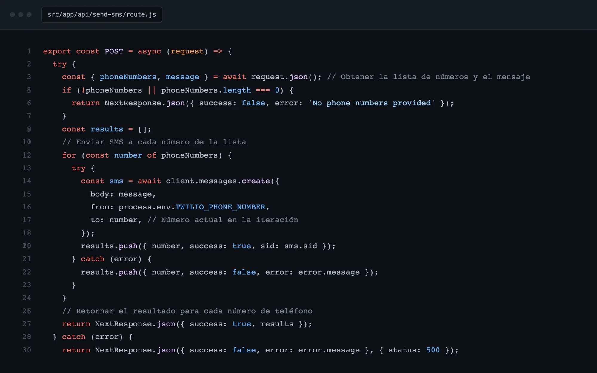 API route iterating the numbers and recording each message SID