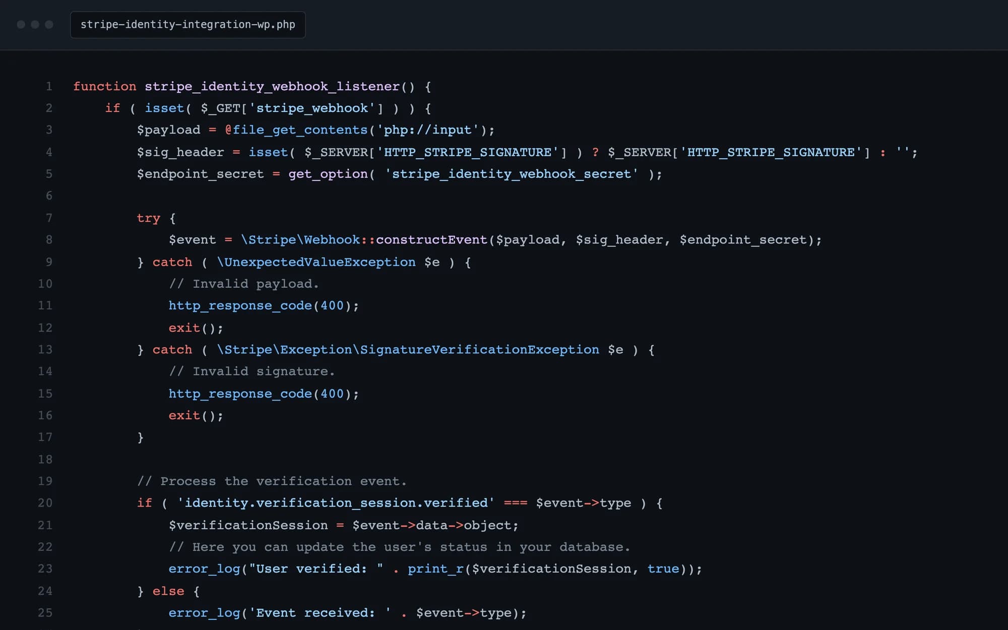 Listener del webhook con verificación de firma de Stripe