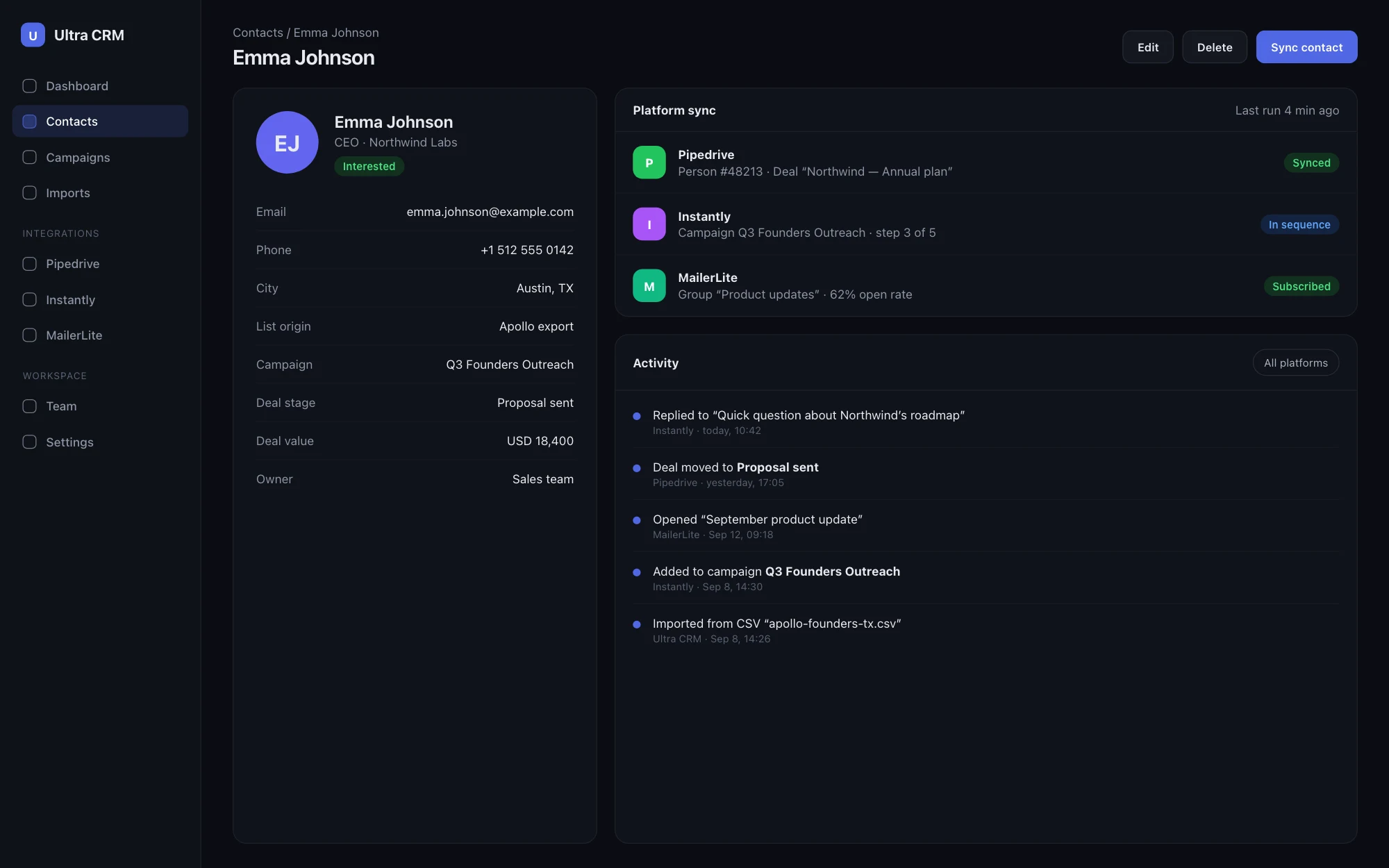 Contact card with direct sync to Pipedrive, Instantly and MailerLite