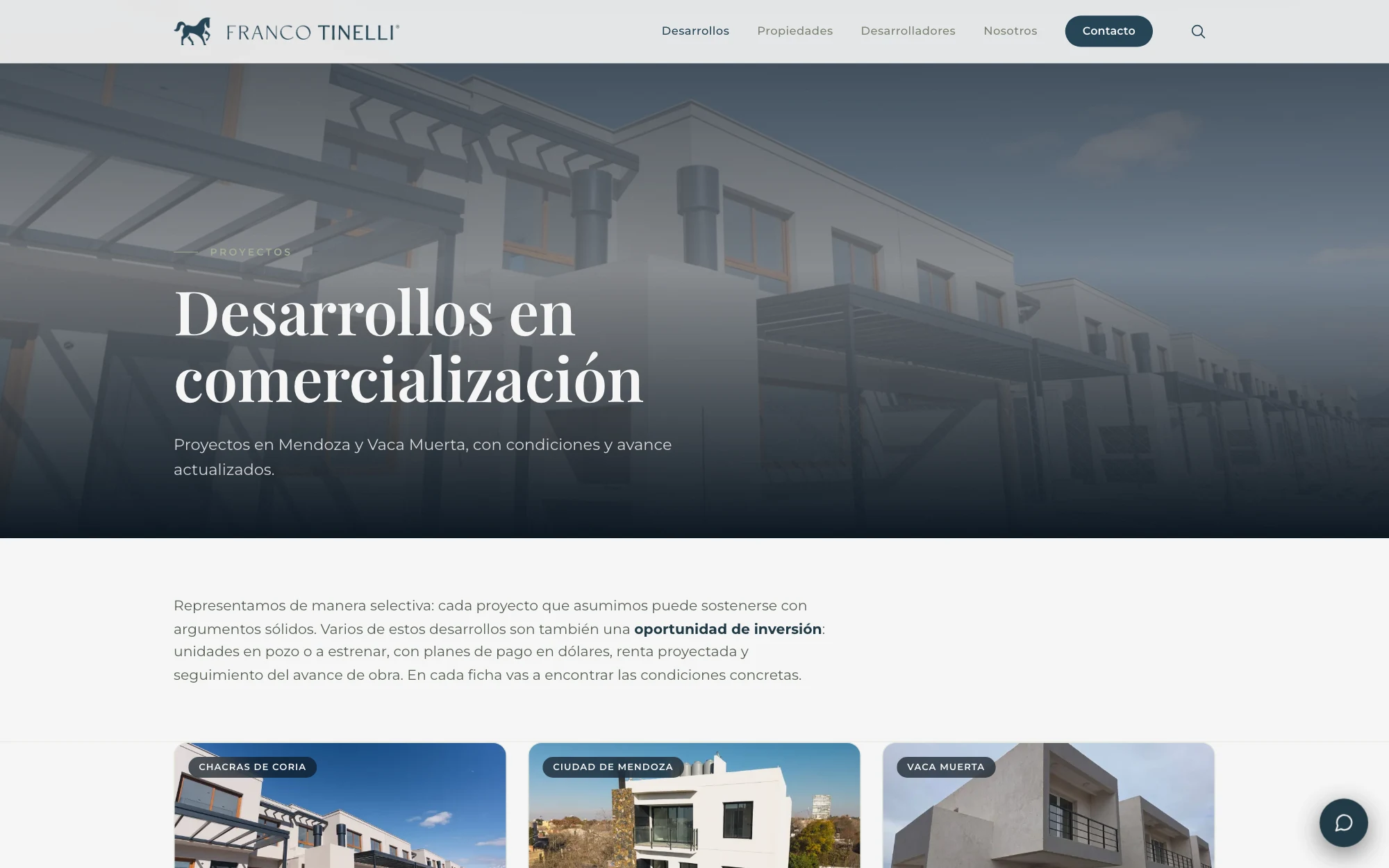 Developments on sale with terms and progress for each project