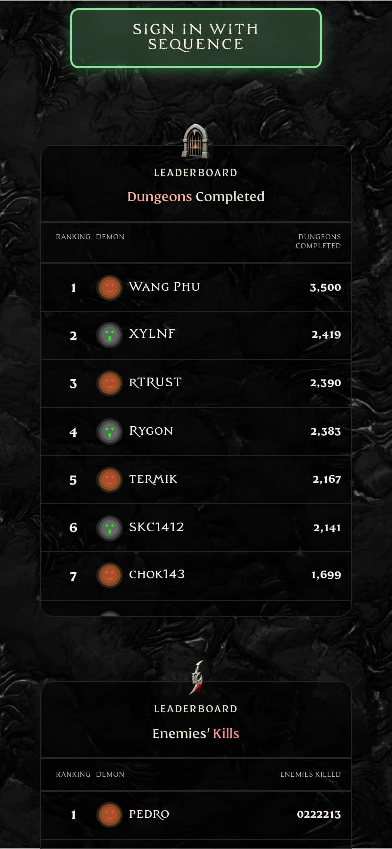 Both rankings, dungeons completed and enemies killed, stacked on mobile