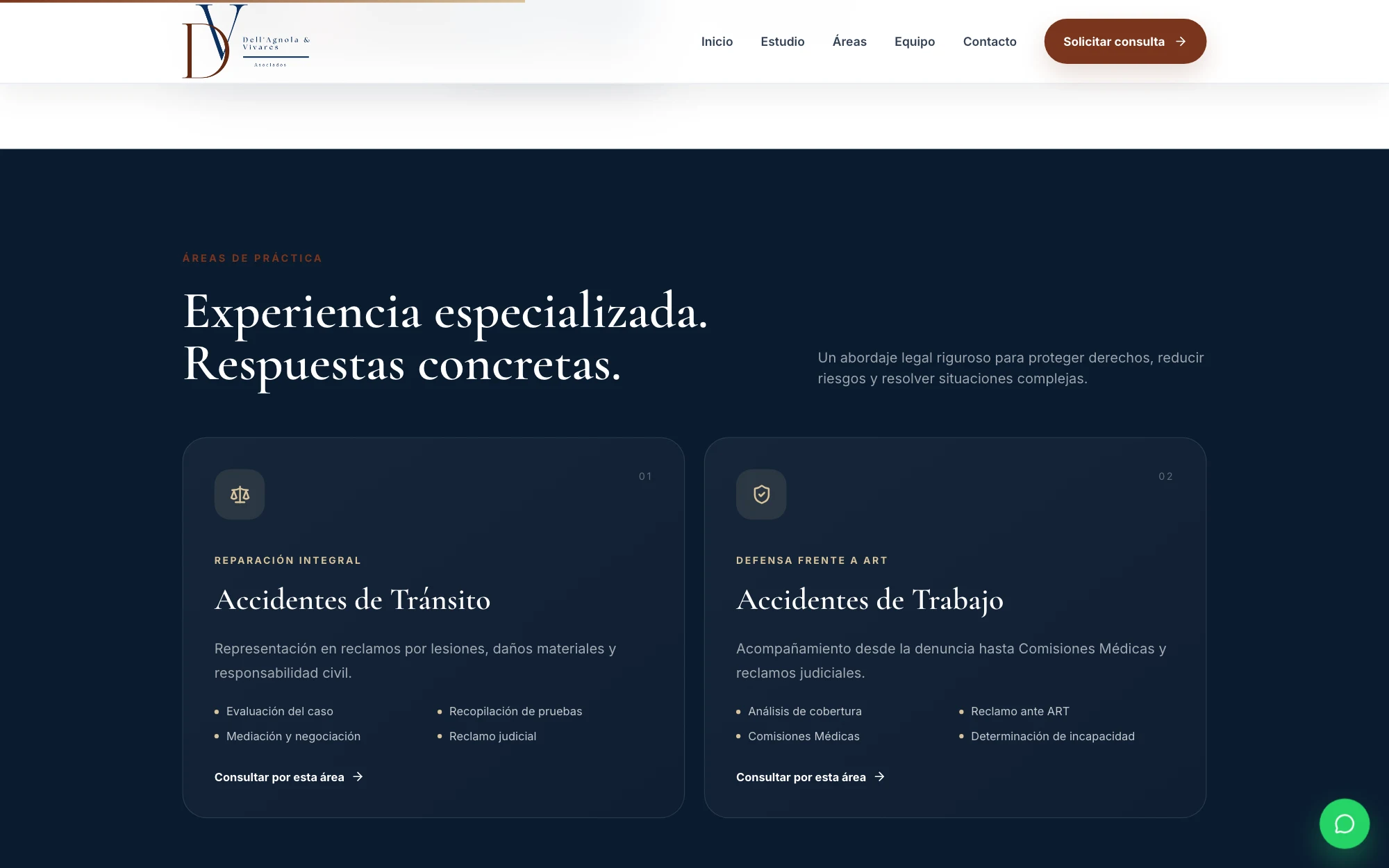 Áreas de práctica con acceso directo a consultar por cada una