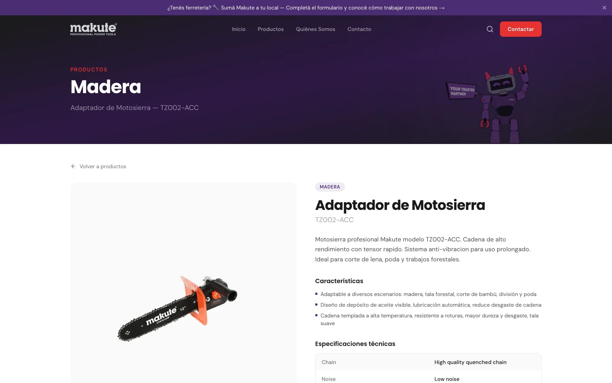 Ficha de producto con especificaciones y consulta directa