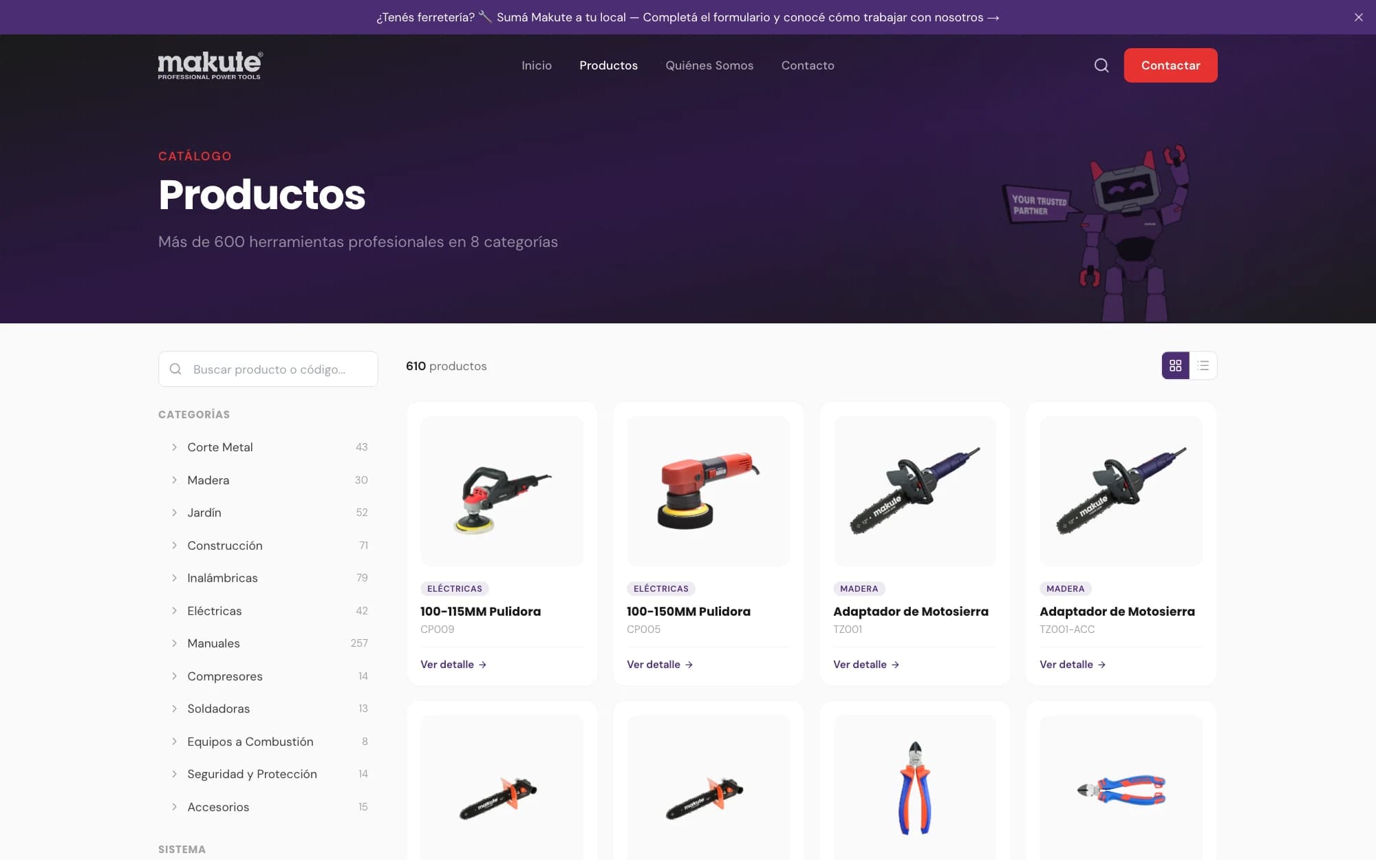Catálogo con buscador por nombre o código y filtros por categoría